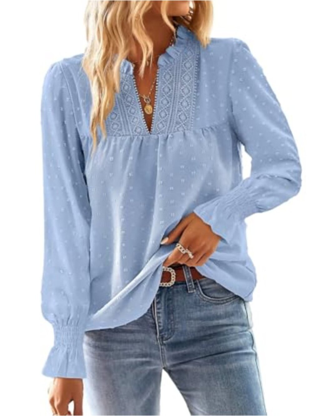 Women's Boho Flowy V-Neck Blouse Crochet Lace Butterfly Sleeve Swiss Dot Tunic